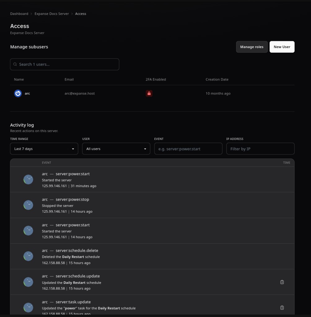Access page showing subuser list and filterable activity log