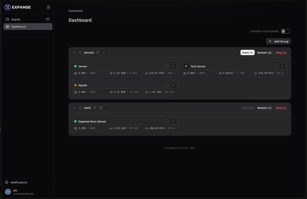 Polaris dashboard with grouped, draggable server cards
