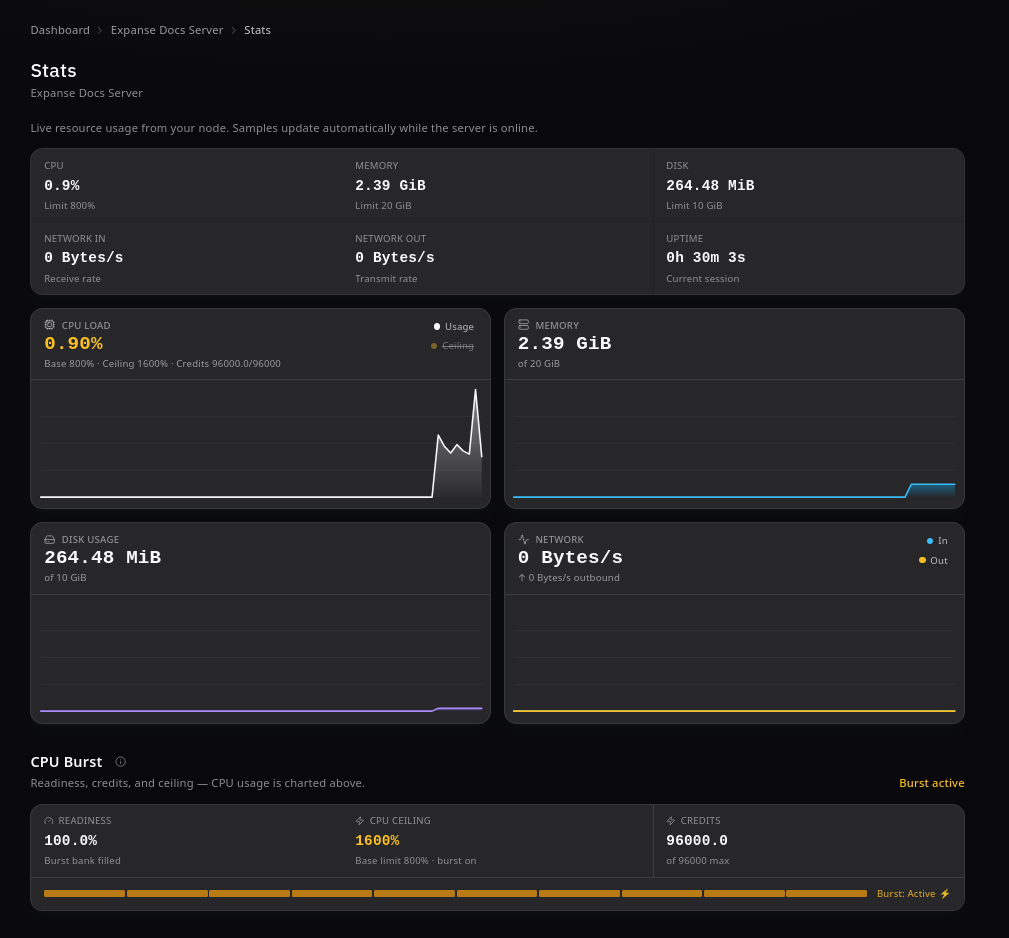 Stats page showing CPU load chart, burst readiness, ceiling, and credit balance